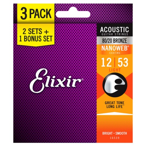 Elixir 16539 80/20 Bronze Nanoweb Acoustic Light 12-53 3 Pack Elixir 16539 80/20 Bronze Nanoweb Acoustic Light 12-53 3 Pack